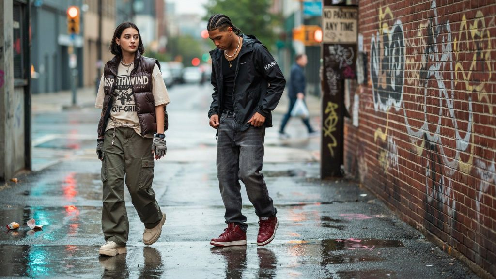 Men and women wearing Streetwear Fashion in a modern city setting